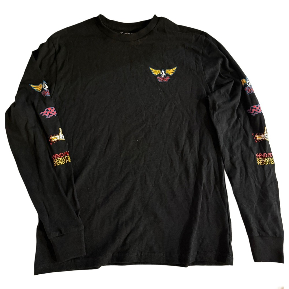 Volcom Mens Long Sleeve Graphic T Shirt Black Volcom Stone Logo Wings Skater M‎